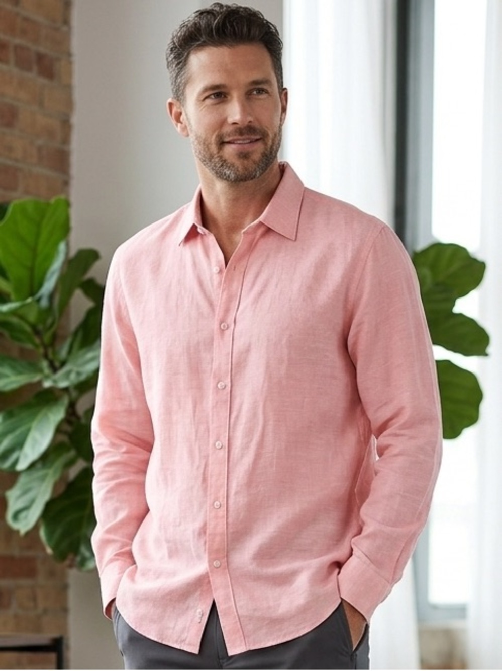Perry Ellis Coral-Pink Linen Blend Mens  Shirt size Large